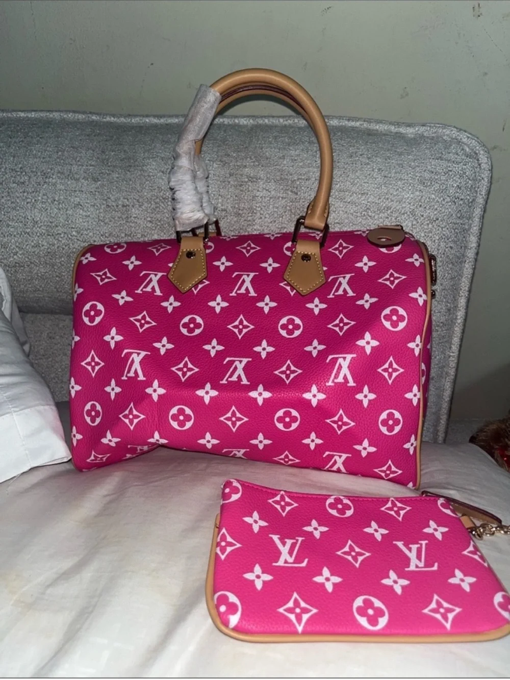 Pink Monogram Satchel with Matching Pouch and Strap